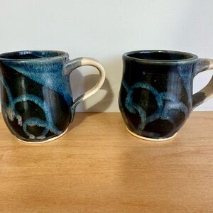 Set of 2 Studio Art Pottery Mugs Artist Stamp on Base NEW Blue Black